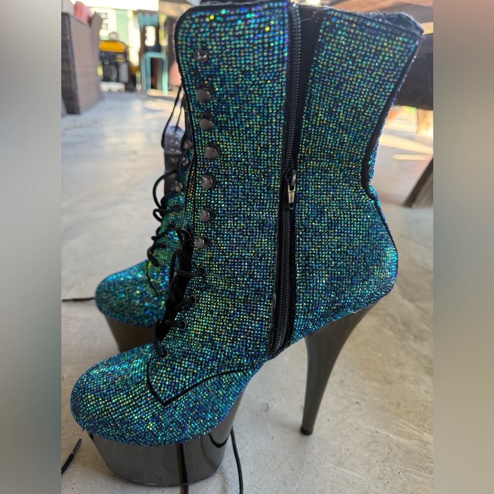 Sparkling Turquoise Rhinestone High Heel Boots